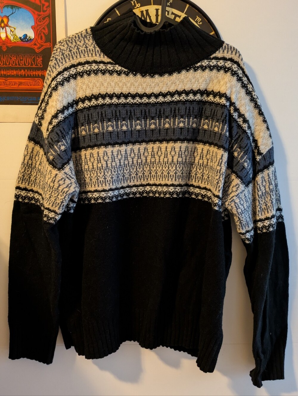 Frank and Oak Black and Cream Patterned Knit Sweater